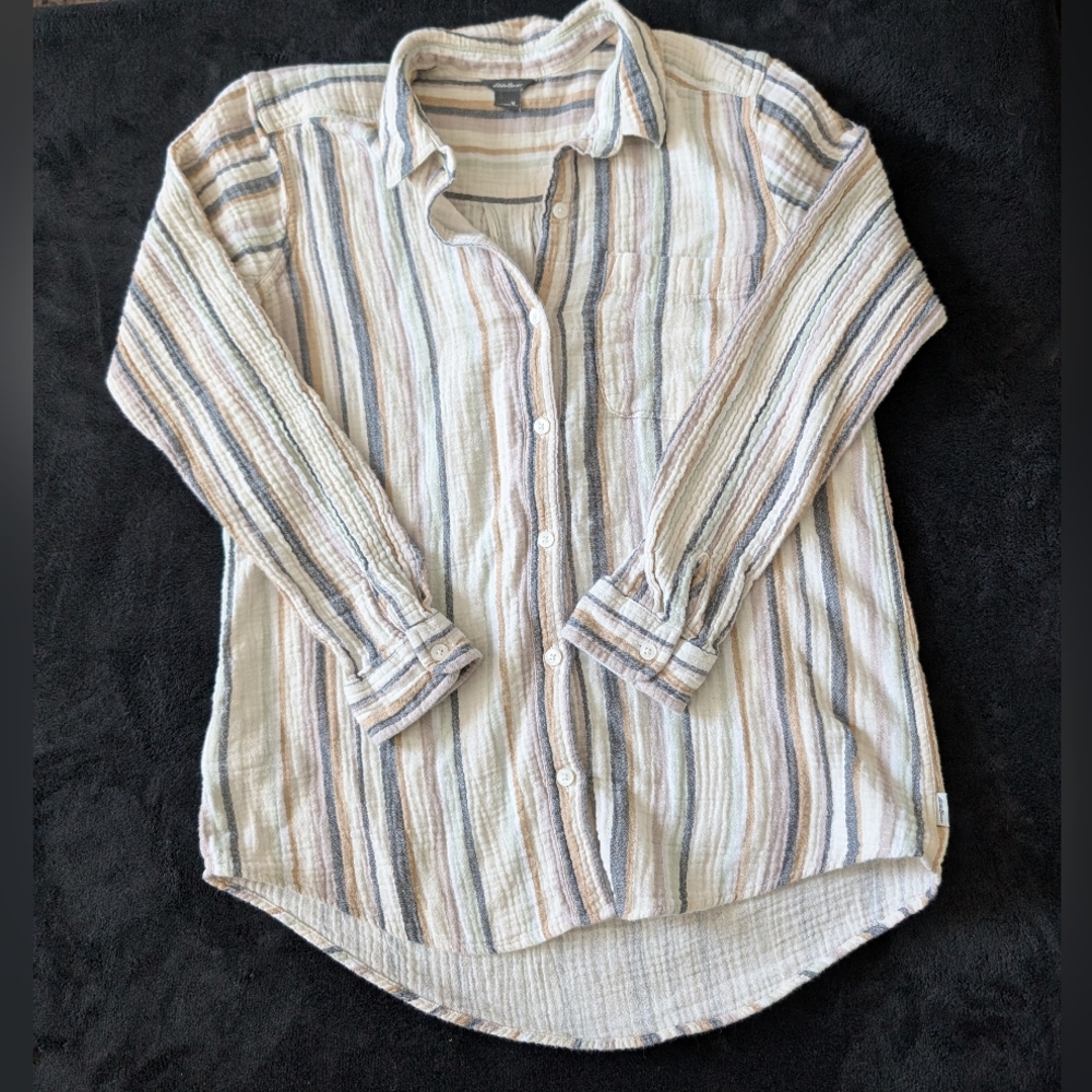 100% Cotton Button Down Shirt Parchment Stripe Minimalist Neutral Coastal Eco M image 2